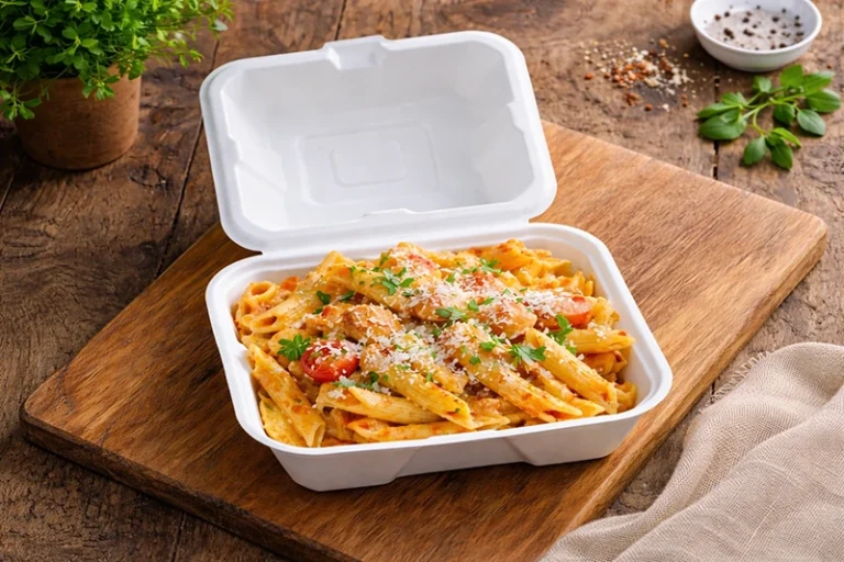 Sturdy, compostable sugarcane clamshells grease & cut-resistant eco-friendly alternatives to plastic or foam.