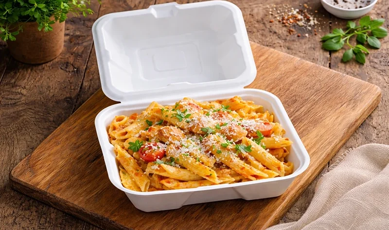 Sturdy, compostable sugarcane clamshells grease & cut-resistant eco-friendly alternatives to plastic or foam.