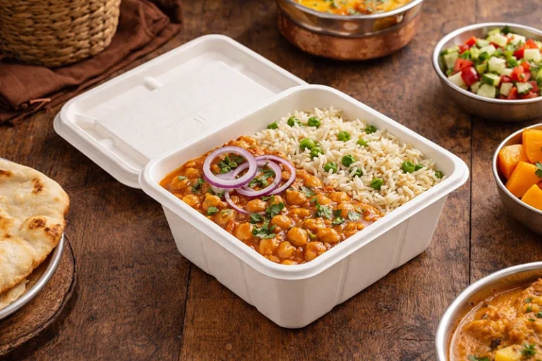 Eco-friendly bagasse clamshell food containers made from renewable sugarcane fiber, perfect for sustainable dining, takeout, meal prep, and environmentally conscious food packaging.