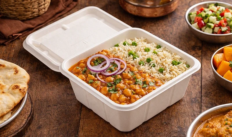 Eco-friendly bagasse clamshell food containers made from renewable sugarcane fiber, perfect for sustainable dining, takeout, meal prep, and environmentally conscious food packaging.