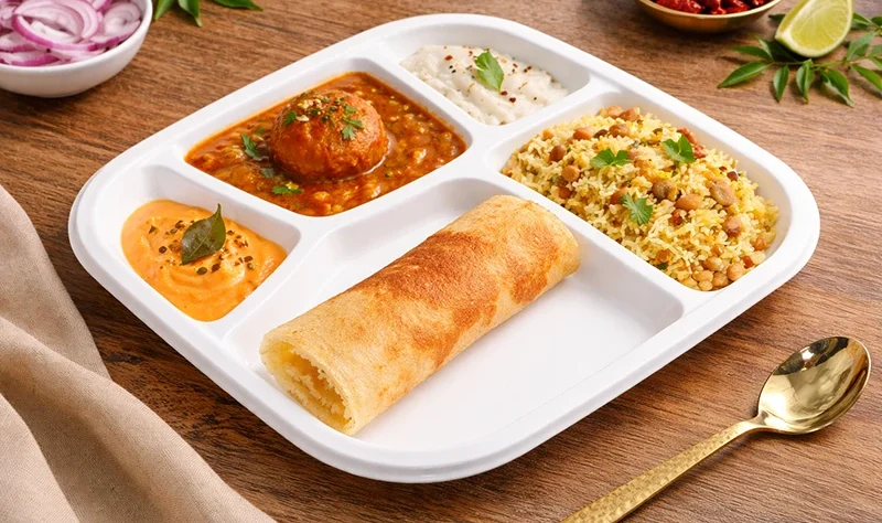 Biodegradable food trays ideal for serving meals at events, catering, and takeout.